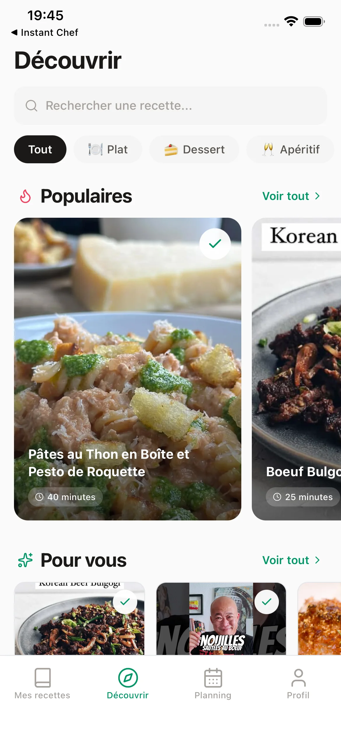 Capture d'écran de l'application mobile Instant Chef